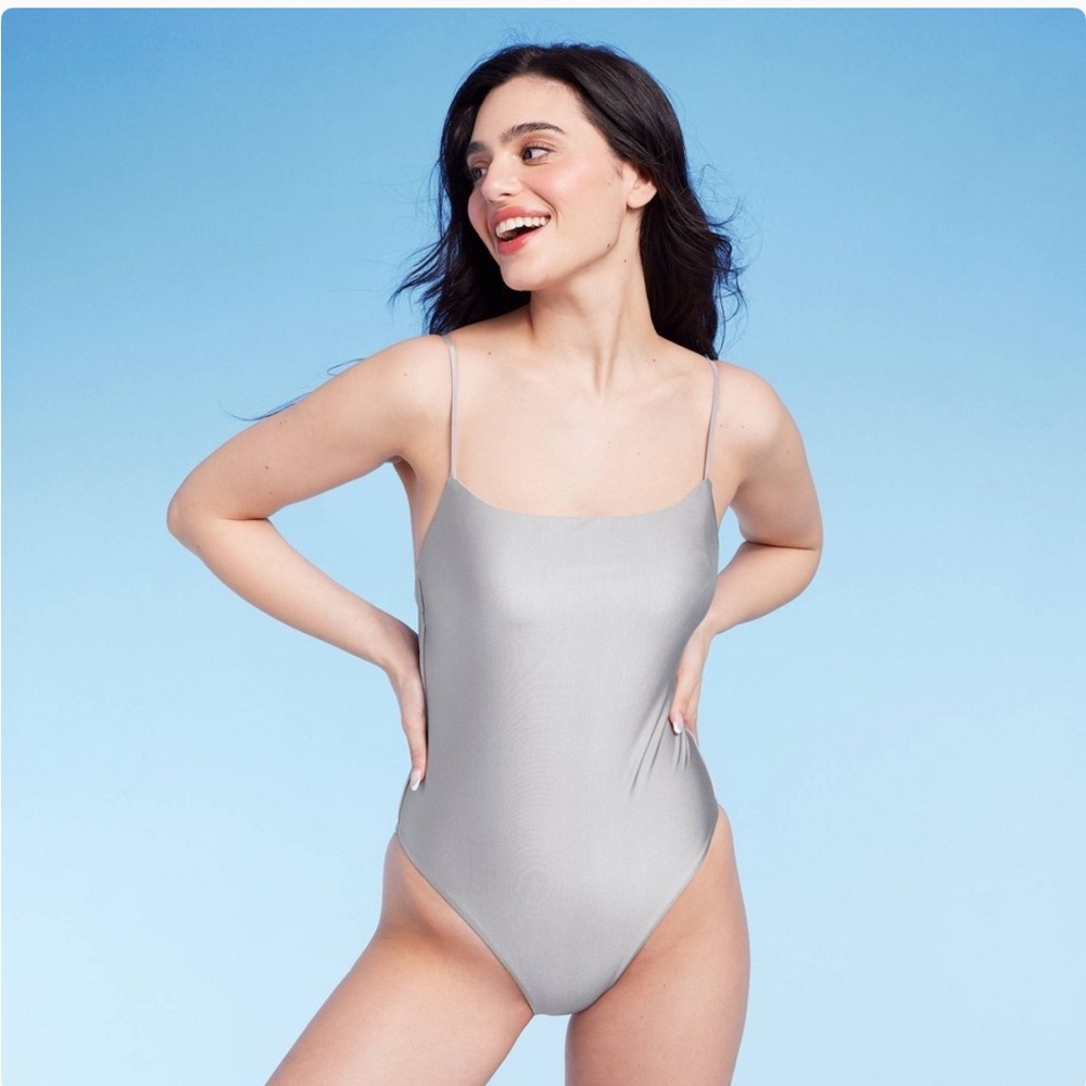 Women's Square Neck High Leg Cheeky Swimsuit - Shade & Shore™ Silver Shine XL